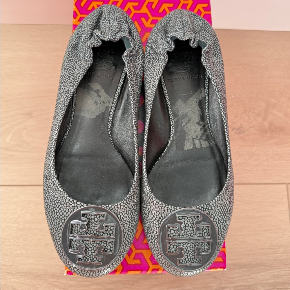 Tory Burch Reva Stingray Leather Smoke Flats